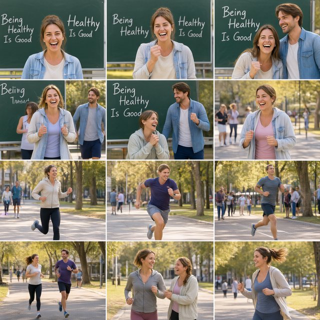 An image relating to good health and happiness. The words “Being Healthy Is Good” appear in the background at least a couple of times. 4–7 moments. — Qwen Image 3.0
