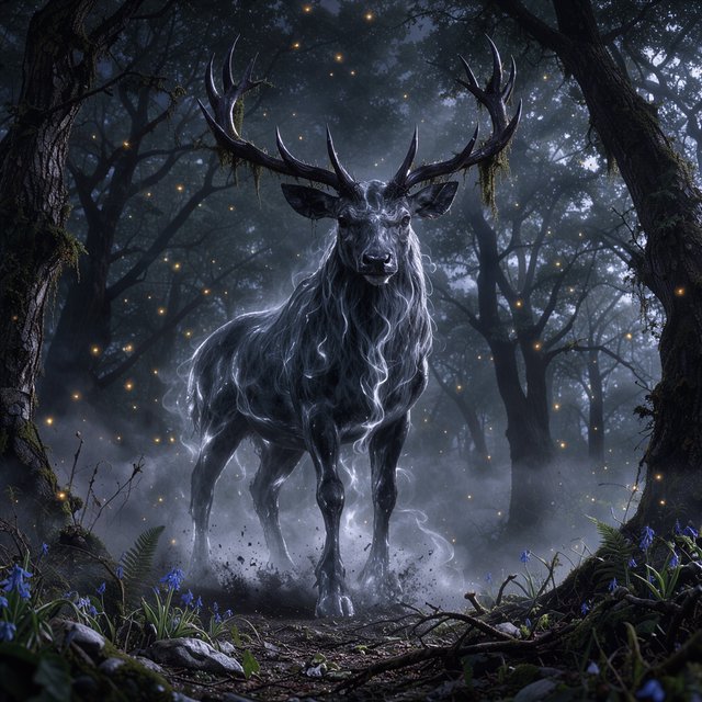 Low-angle wide shot, ancient overgrown oak forest at midnight: a colossal ghost stag looms, its semi-transparent form woven from swirling inky mist threaded with liquid silver moonlight. Polished obsidian antlers cut through shadow, jagged edges catching faint starlight, moss dangling from their points. Heavy hooves press into the loamy forest floor, wild bluebells and ferns curling black and crumbling to ash beneath each step. Hundreds of faint gold fireflies drift slowly through thick volumetric fog, their glows diffused in the haze. Deep indigo and charcoal color palette, somber quiet dread, atmospheric dark fantasy aesthetic, soft dappled moonlight filtering through a gnarled canopy, cinematic depth of field, sharp fine edges on the stag's antlers and decaying foliage. — FLUX 3 Image Klein
