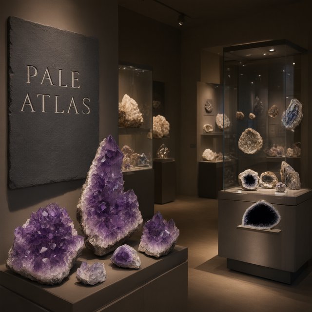 Within a quiet mineral gallery, amethyst clusters and polished geodes catch pools of light; "PALE ATLAS" is carved in clean capitals across a slate plaque beside the entrance. — Qwen Image 3.0