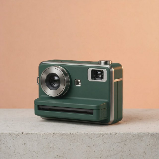 Commercial product photograph of an unbranded compact instant camera in matte forest-green polymer with brushed steel details, resting on a pale concrete surface against a warm peach background, illuminated by broad diffused studio light and a soft rim light. — Muse Image 1.0