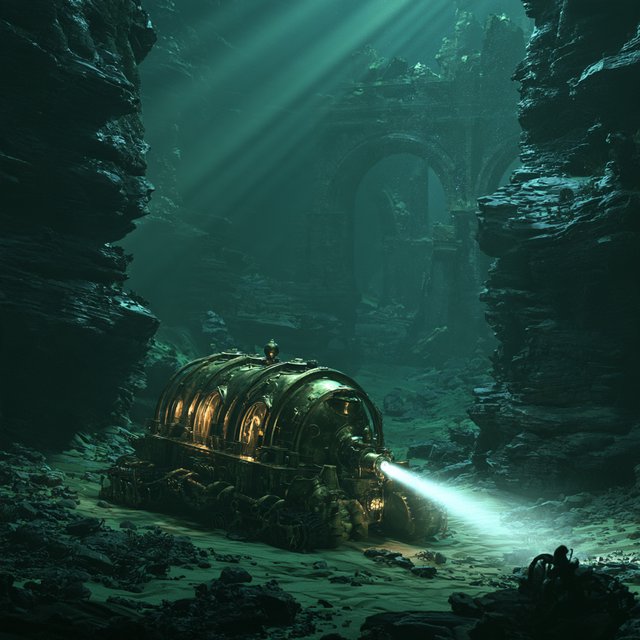 A brass-and-ceramic deep-sea crawler with arched pressure tanks trundles across the floor of a sunken obsidian caldera. Its searchlight cuts through green silt, revealing ruined stone arches far below the surface. — Midjourney V8.2