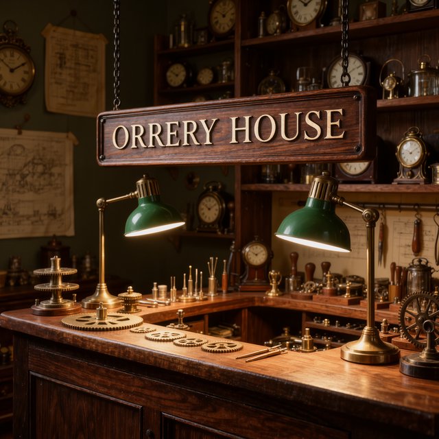 Inside a quiet clockmaker’s workshop, brass gears and tiny tools gleam beneath green-shaded lamps; "ORRERY HOUSE" is engraved in crisp serif letters on a dark walnut sign above the repair counter. — Kling v3 Omni