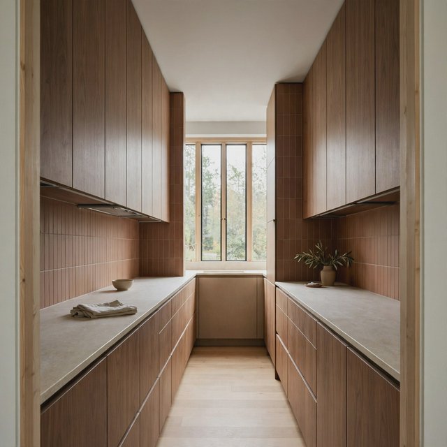 Along a galley kitchen, flat-front walnut cabinets meet pale limestone counters and a matte terracotta backsplash in restrained Scandinavian modern style; soft north-window daylight reveals the worktop from the doorway, with clean aligned lines and believable supports. — Model 14