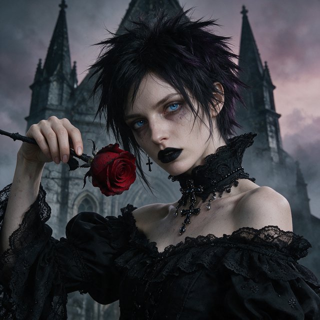 Atmospheric lighting creates soft background gradients through value blending, and surreal dark textures produce cracked surfaces and splatter via organic mark making. The fusion manifests as lace edges, dramatic chiaroscuro, and sharp focal contrast, transforming any subject through meticulous gothic surface modeling. A gothic woman depicted in 2026, with spiky black hair, blue eyes, and pale skin, wearing a black off-shoulder lace dress with a high ornate collar and puffed sleeves, holding a red rose. Close-up at eye level, the woman facing forward with her head slightly tilted, gazing directly at the viewer, holding a red rose in her right hand near her shoulder. Scene set before a gothic cathedral during overcast twilight, with misty atmosphere, featuring tall church spires in the background. — Seedream 5.0 Pro