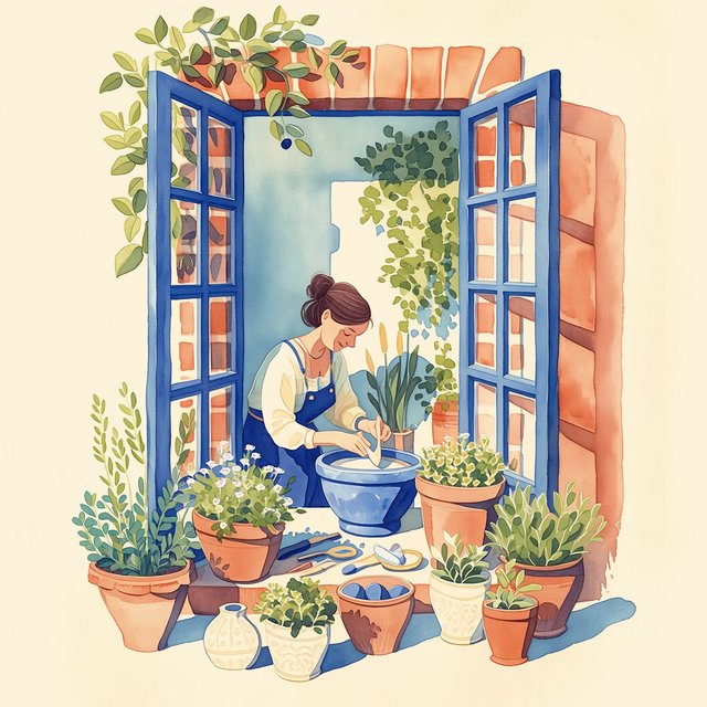Watercolour illustration of an adult ceramicist shaping a luminous blue vessel beside an open workshop window, surrounded by clay tools, potted herbs, and sunlit terracotta walls. Palette of cobalt, ochre, sage, and cream, with soft flowing brushwork. — Midjourney Niji 7