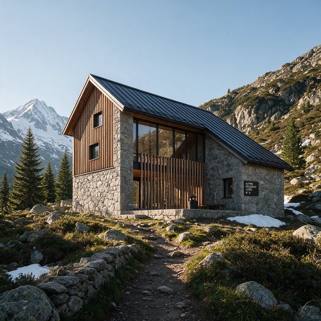 Exterior of a contemporary alpine research lodge in restrained regional modernism, rough granite walls, larch screens, steep standing-seam roof, crisp snow-bright morning light, viewed from below across a mountain footpath, sound structural geometry. — Seedream 5.0 Pro