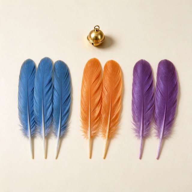 Exactly seven feathers lie on a cream tabletop: three blue on the left, two orange in the center, and two purple on the right. A brass bell sits above the orange pair, nothing else. — Seedream 5.0 Flash