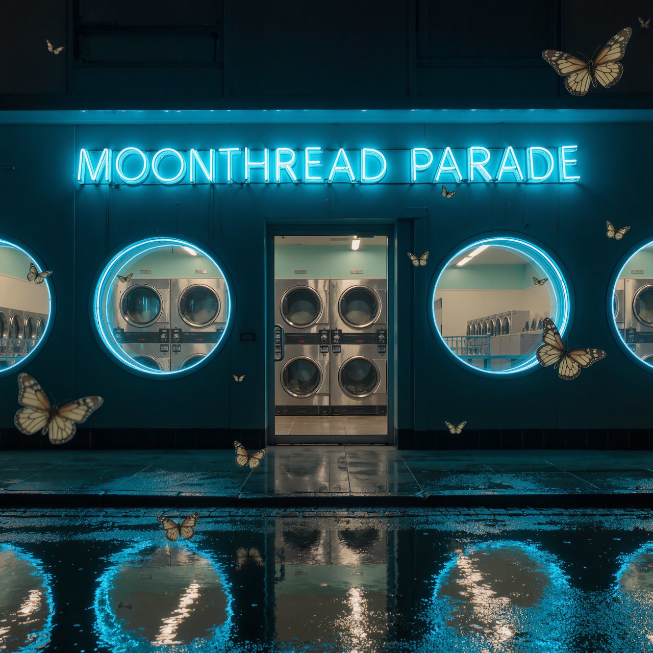 At midnight, moths circle the laundromat’s glowing round windows while chrome washing machines gleam inside; “MOONTHREAD PARADE” shines in icy blue neon above the entrance, reflected across the wet pavement, with no other lettering visible. — Kling v3 Omni