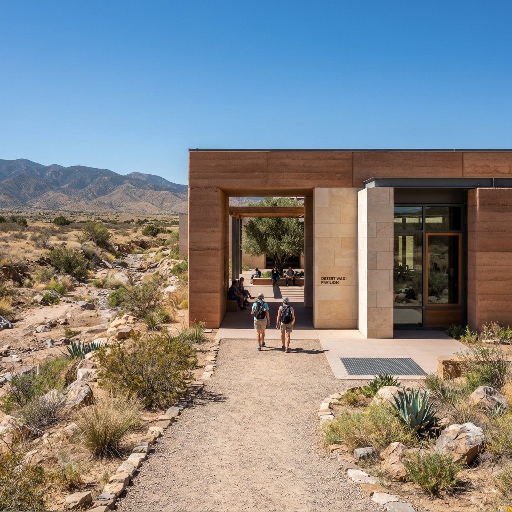 A contemporary desert visitor pavilion built from rust-colored rammed earth and pale limestone sits beside a dry wadi; deep shaded openings frame the courtyard. Hard midday sun, viewed from the gravel approach, crisp geometry and believable construction. — Nano Banana 2 Lite