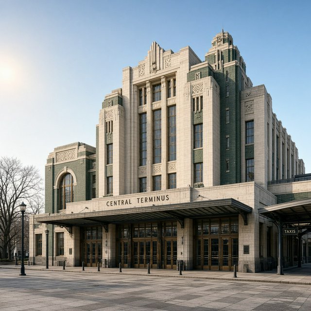 Exterior of an Art Deco railway terminal in pale limestone and dark green glazed brick, with stepped massing, bronze-framed windows, and a broad canopy; clear winter morning light, viewed from the station forecourt, precise lines and credible structure. — Grok Imagine Image 2