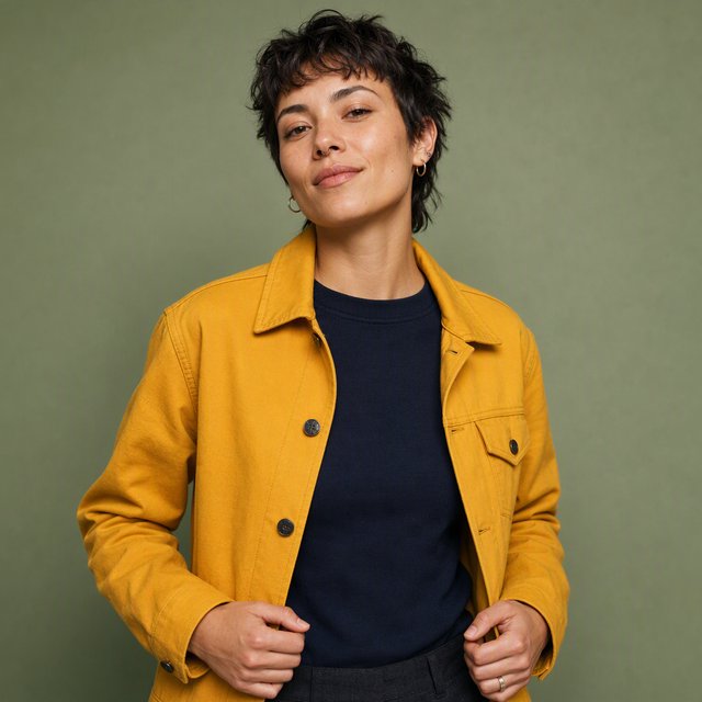 Fashion portrait of an adult nonbinary person in their late twenties wearing a structured saffron-yellow canvas jacket over a fine-gauge navy merino top, hands resting on the jacket hem. Their bright, self-assured expression contrasts with a softly lit sage-green backdrop. — GPT Image 2