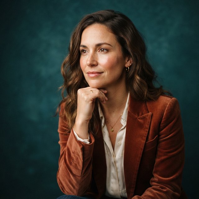 Portrait of an adult woman in her 30s wearing a rust-colored velvet jacket over an ivory blouse, one hand resting beneath her chin, thoughtful expression, deep teal studio backdrop, soft side lighting and gentle cheek highlights. — Nano Banana 2 Lite