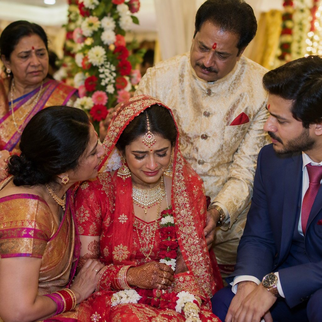 A realistic scene of an Indian wedding showing the emotions of the adult bride and her adult family members — GPT Image 2.5 Flare