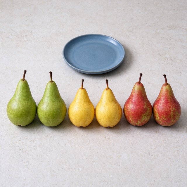 Exactly six ripe pears sit on a pale stone counter: two green pears on the left, two yellow pears in the center, and two red pears on the right. A small blue plate sits above the center pair, nothing else. — Seedream 5.0 Flash