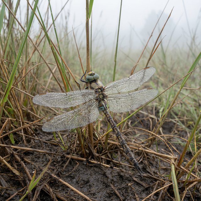 On a peaty marsh edge, a dragonfly rests among sedges after a light morning shower; dew beads on its veined wings and granular mud, while reed stems soften into pale fog behind it. — Qwen Image 3.0 Pro