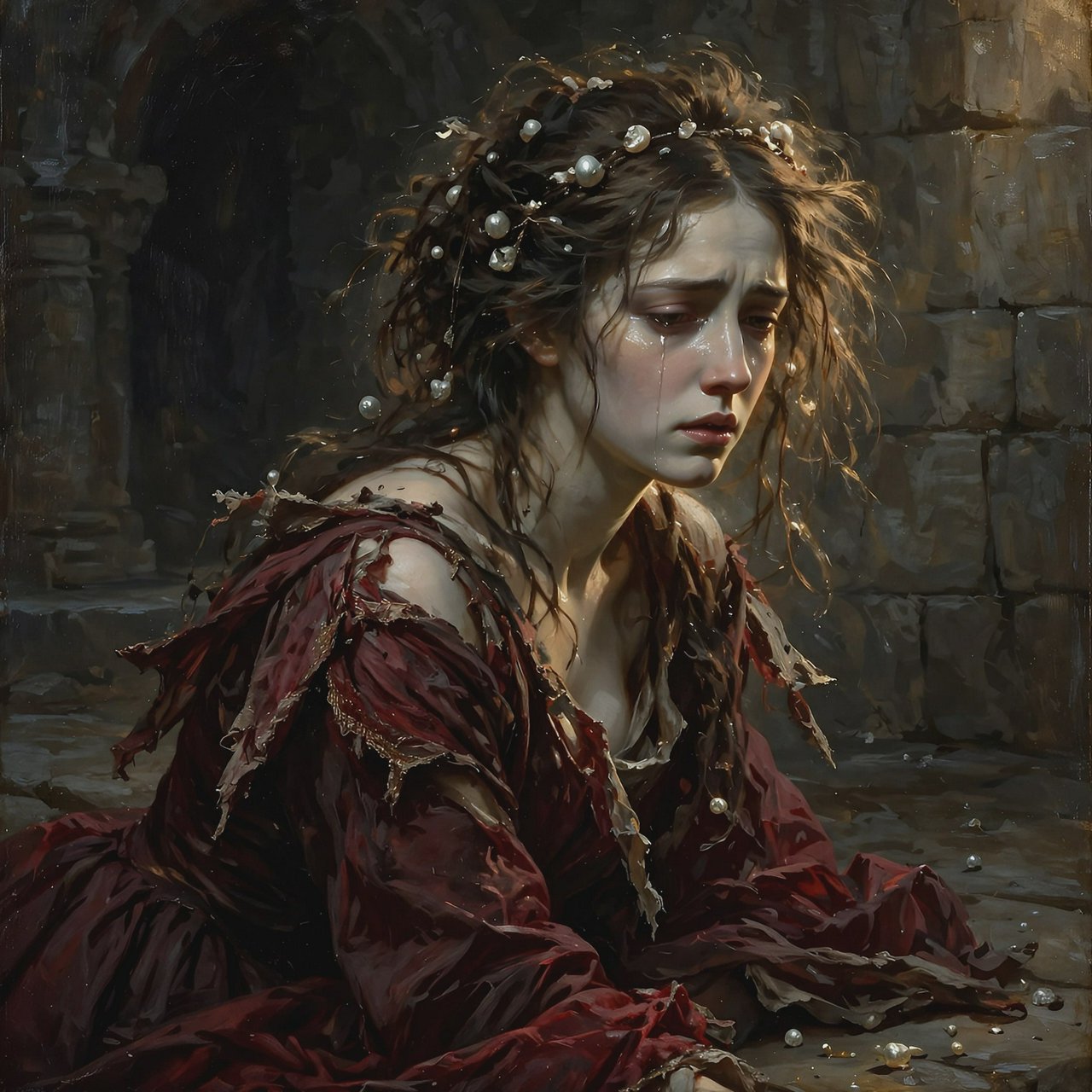 A dramatic cinematic portrait of a fallen noblewoman kneeling in a dimly lit stone chamber, wearing a disheveled dark crimson silk gown, the fabric torn and loose, revealing hints of pale skin, strong chiaroscuro lighting highlighting her silhouette and sorrowful expression, tears, messy hair adorned with broken pearls, atmosphere of despair and silence, oil painting style realism — Muse Image 1.0