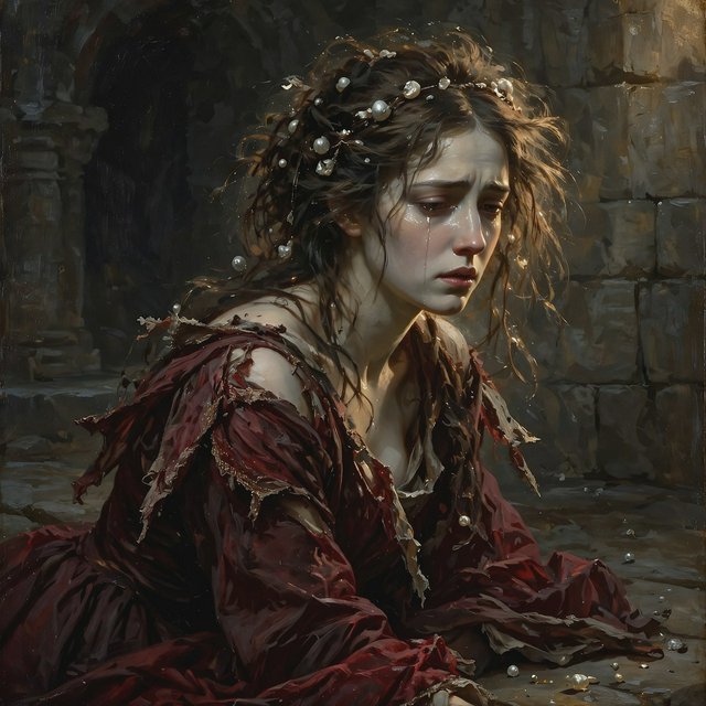 A dramatic cinematic portrait of a fallen noblewoman kneeling in a dimly lit stone chamber, wearing a disheveled dark crimson silk gown, the fabric torn and loose, revealing hints of pale skin, strong chiaroscuro lighting highlighting her silhouette and sorrowful expression, tears, messy hair adorned with broken pearls, atmosphere of despair and silence, oil painting style realism — Muse Image 1.0