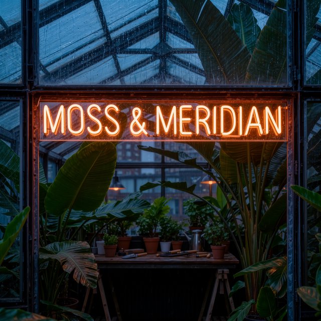 Inside a rooftop greenhouse at blue hour, tropical leaves crowd iron beams above a quiet potting bench; "MOSS & MERIDIAN" glows in warm amber neon along the glass entrance, with rain beads catching the light. — Kling v3 Omni