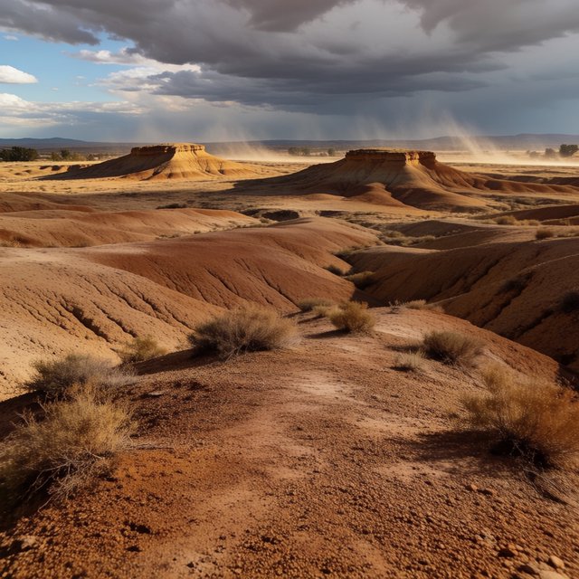Wind-driven dust devils spiral across ochre badlands beneath a storm-clearing late-afternoon sky; pebble-studded clay ridges and tiny erosion grooves sharpen nearby, while layered mesas recede through veils of rain. — Krea 2 Medium