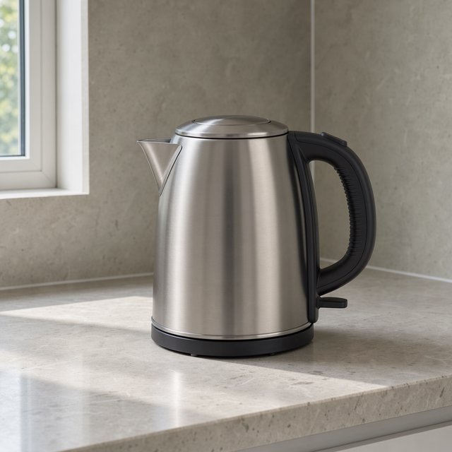 Morning daylight spills across a kitchen counter, revealing an unbranded electric kettle in satin stainless steel with a ribbed heat-resistant polymer handle. It sits on honed limestone against a muted sage backsplash, with window light and white bounce fill; commercial product image, no lettering. — FLUX 3 Image