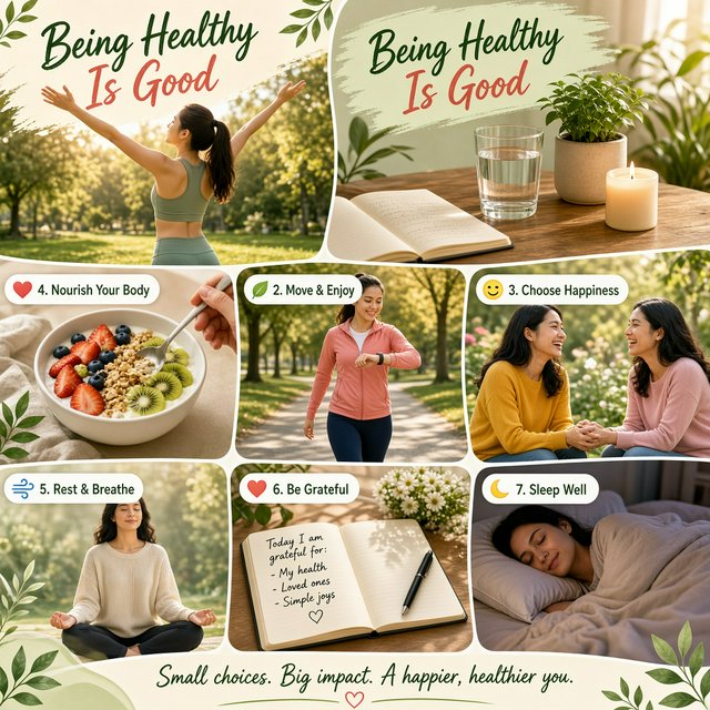 An image relating to good health and happiness. The words “Being Healthy Is Good” appear in the background at least a couple of times. 4–7 moments. — Grok Imagine Image 2