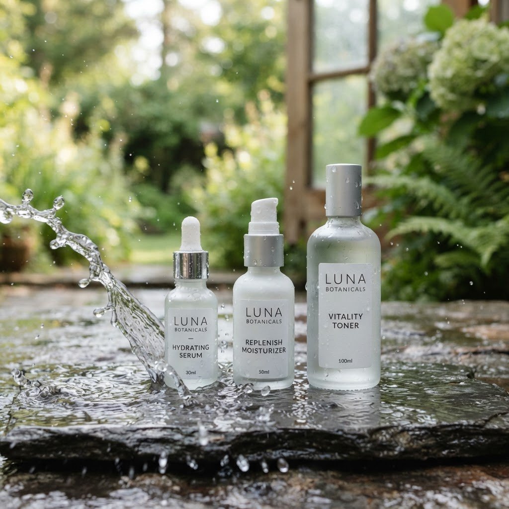 Three frosted glass skincare bottles on a wet stone surface with a splash of water, morning light, shallow depth of field. — Nano Banana 2 Lite