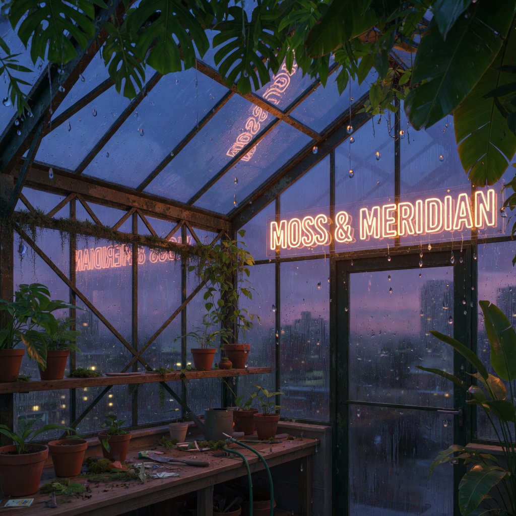 Inside a rooftop greenhouse at blue hour, tropical leaves crowd iron beams above a quiet potting bench; "MOSS & MERIDIAN" glows in warm amber neon along the glass entrance, with rain beads catching the light. — Grok Imagine Image Quality