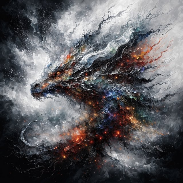 An abstract tapestry woven from the dreams of a sleeping dragon, depicted as a chaotic yet beautiful explosion of iridescent scales, fiery embers, and swirling smoke. The composition is dynamic and energetic, with bold brushstrokes and a rich, textured surface. The style is abstract expressionism, capturing the raw, untamed essence of draconic power. — Recraft v4 Pro