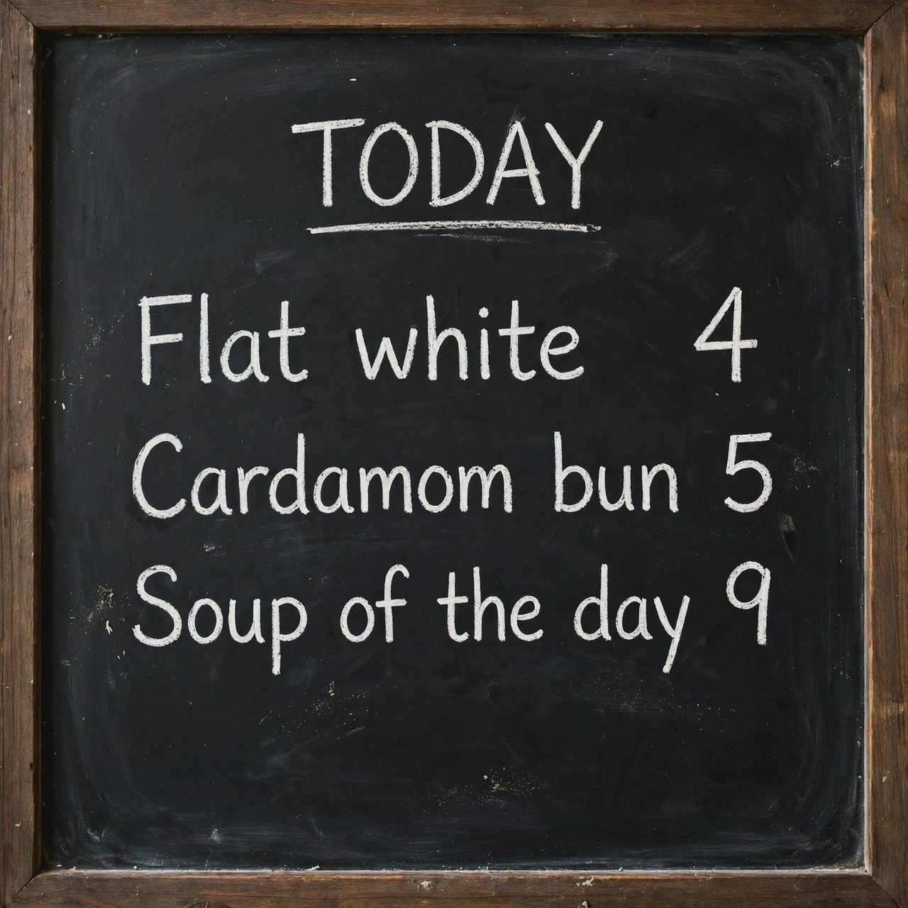 A café chalkboard listing exactly three items: "Flat white 4", "Cardamom bun 5", "Soup of the day 9", in neat chalk handwriting. — Muse Image 1.0