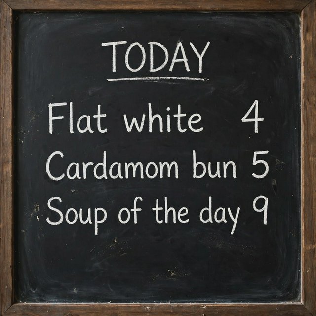 A café chalkboard listing exactly three items: "Flat white 4", "Cardamom bun 5", "Soup of the day 9", in neat chalk handwriting. — Muse Image 1.0