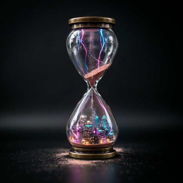 A macro close-up of a miniature glowing cyberpunk city built entirely inside a hollow cracked hourglass, tiny illuminated skyscrapers, flowing neon waterfalls, volumetric light rays piercing through sand, dark moody cinematic lighting, photorealistic depth of field — Ideogram v4