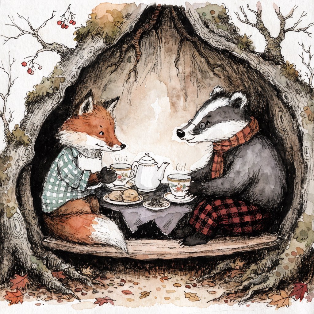 Children's book illustration of a fox and a badger sharing tea in a hollow tree, watercolour and ink, warm and gentle. — Recraft v4
