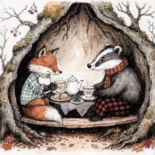 Children's book illustration of a fox and a badger sharing tea in a hollow tree, watercolour and ink, warm and gentle. — Recraft v4