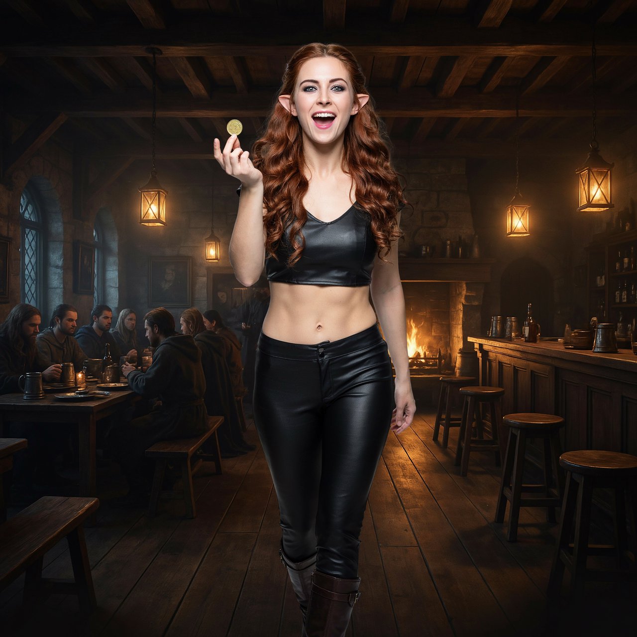 A beautiful, slim adult elf woman wearing black leather pants and a black leather crop top that leaves her belly exposed. She has stunning, intense green eyes and long, flowing, curled red hair. She is smiling; she is a rogue, with a rapier hanging from her belt. She is catwalking through a medieval fantasy tavern at night while flipping a golden coin, in a realistic fantasy style. — Ideogram v4.5