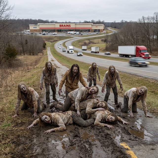 Several weird-looking zombies, some cross-eyed and some wide-eyed, are heading towards a superstore far ahead named "Brains". The superstore is located beside a highway with some trucks driving along it. The zombies are on a rural road connecting to the highway. There are patches of mud in one place on the rural road. The zombies are slipping on the mud and falling—some on their faces, some on their backs, and some on top of other zombies. A couple of fallen zombies are crawling up to the highway, where speeding trucks are passing by. Make it dramatic but funny. — Model 17