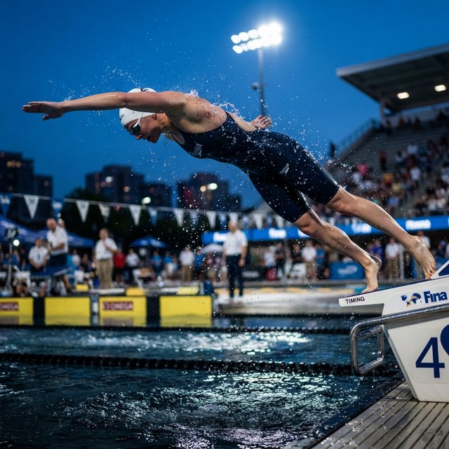 Under the blue-hour floodlights, an adult swimmer drives off the starting block into an outdoor pool. A real-world sports press photo, shot at 200mm with shallow depth of field, captures beads of water suspended around her shoulder. — Nano Banana 2 Lite