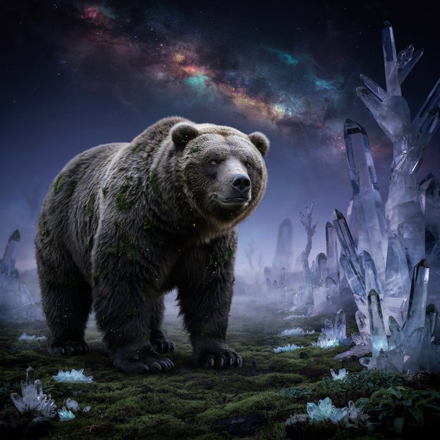 A colossal ancient bear, its fur woven with moss and starlight, stands at the edge of a shimmering, otherworldly forest. The trees are made of crystal and emit a soft, ethereal glow. In the distance, a nebula swirls in the twilight sky. The scene is rendered in a fantasy art style, with surrealist elements and cinematic lighting that emphasizes the majestic scale of nature. — Ideogram v4.5