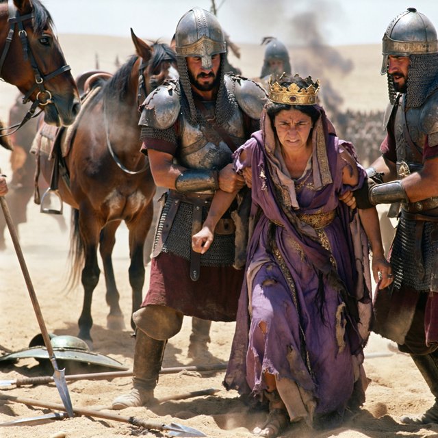 Film capture. Cinematic scene of the Byzantine empress being captured by Sassanid cataphracts. Harsh desert lighting. Shallow depth of field. The image takes place in the aftermath of a battle. All of the subjects are dusty and disheveled. — ImagineArt 2