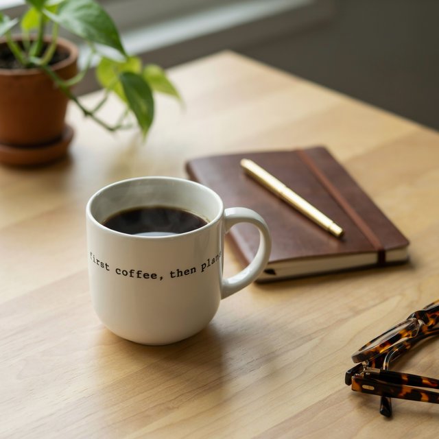 A white ceramic mug on a desk with the words "first coffee, then plans" printed in black lowercase sans-serif. — Ideogram v4