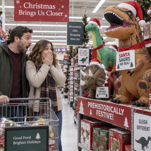 A husband and wife are shopping in a large, well-lit supermarket. They are surprised by what is for sale in the Christmas aisle. — GPT Image 2.5 Sunburst
