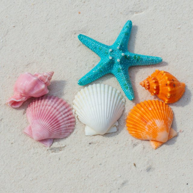 Exactly five seashells lie on pale sand: two pink shells on the left, one white shell in the center, and two orange shells on the right. A turquoise starfish sits above the center shell, nothing else. — Grok Imagine Image Quality