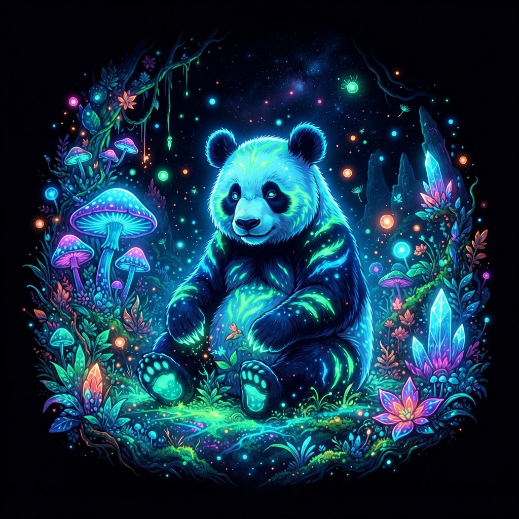A bioluminescent panda bear, its fur patterns glowing with neon blues and vibrant greens, sits peacefully amidst a grove of luminous, alien flora. Giant, pulsing mushrooms and floating orbs of light create an otherworldly ambiance. The background fades into an inky blackness, making the glowing elements pop. Style: Sci-fi fantasy illustration with sharp, defined lines and glowing contrasts, drawing inspiration from futuristic concept art. — Nano Banana 2 Lite