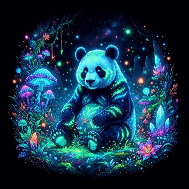 A bioluminescent panda bear, its fur patterns glowing with neon blues and vibrant greens, sits peacefully amidst a grove of luminous, alien flora. Giant, pulsing mushrooms and floating orbs of light create an otherworldly ambiance. The background fades into an inky blackness, making the glowing elements pop. Style: Sci-fi fantasy illustration with sharp, defined lines and glowing contrasts, drawing inspiration from futuristic concept art. — Nano Banana 2 Lite
