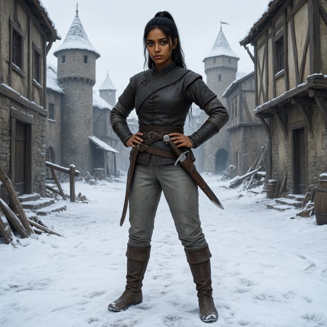 An eighteen-year-old woman. She has long straight black hair tied up, brown eyes, and dark skin. She is wearing a dark leather tunic, grey leather pants, and leather boots. She has a sheathed dagger on her hip, standing with her hands on her hips and looking at the viewer. She is standing in a snowy medieval city. — Model 17