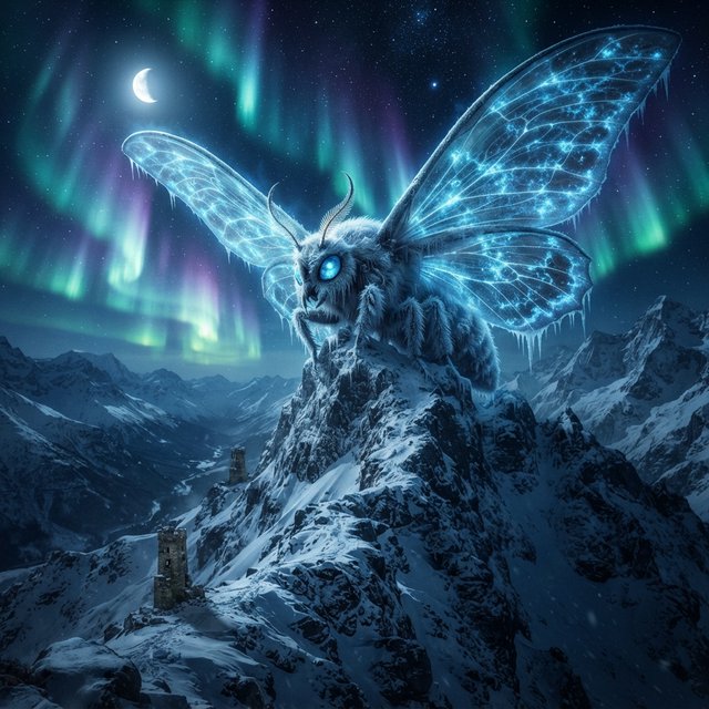 A colossal moon-moth leviathan rests atop a snowbound mountain ridge, its translucent wings veined with blue fire and its fur silvered by frost. Tiny abandoned watchtowers below emphasize its immense scale beneath an aurora-filled sky. — Nano Banana 2 Lite