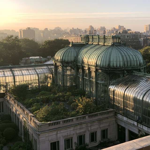 From a nearby rooftop, an Art Nouveau conservatory curves around a planted courtyard, its green copper ribs, clear glass, and pale stone base catching hazy morning light; orderly rooflines and believable supports show from above. — Midjourney V8.2
