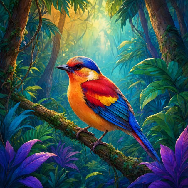Create a vibrant digital artwork with clean lines depicting a small, colorful bird in the jungle. Combine rich, warm tones—such as soft orange, bold red, and dynamic yellow—with cool colors like brilliant blue, emerald green, and radiant violet. The atmosphere should feel fairytale-like, enhanced by striking lighting that underscores the scene's magic. Use bright, bold colors harmoniously to create a balanced composition. The overall style should be imaginative and captivating, transporting the viewer to another world. — Qwen Image 3.0