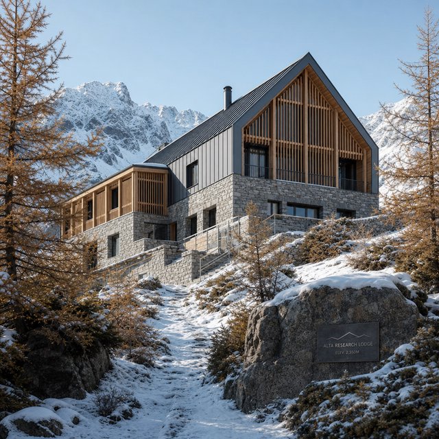 Exterior of a contemporary alpine research lodge in restrained regional modernism, rough granite walls, larch screens, steep standing-seam roof, crisp snow-bright morning light, viewed from below across a mountain footpath, sound structural geometry. — GPT Image 2