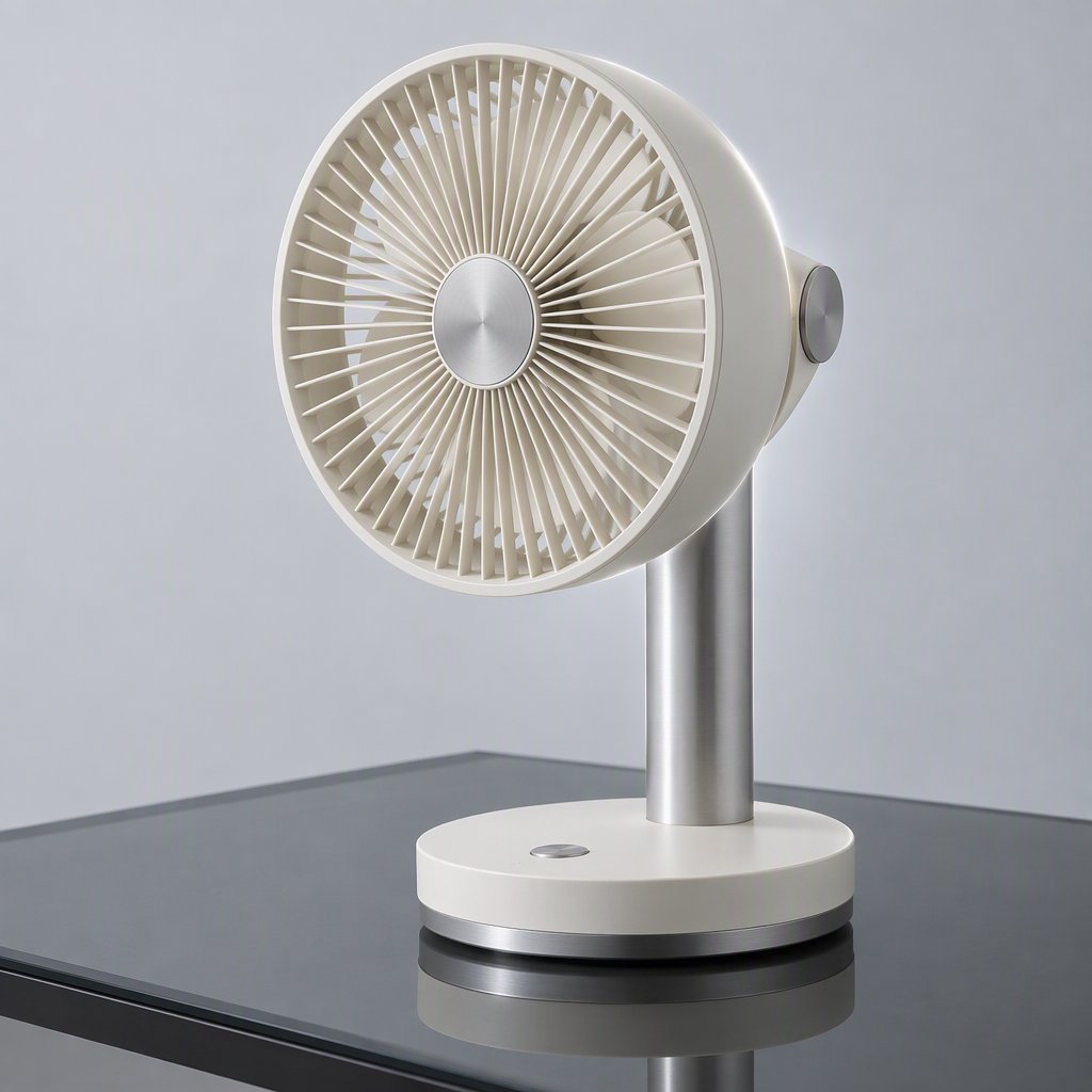 Commercial product photograph of an unbranded desktop fan made from brushed aluminum and matte ivory polymer, resting on a smoked glass surface against a pale gray background, illuminated by broad diffused studio light and a soft rear rim light. — GPT Image 2.5 Flare