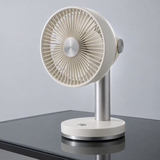 Commercial product photograph of an unbranded desktop fan made from brushed aluminum and matte ivory polymer, resting on a smoked glass surface against a pale gray background, illuminated by broad diffused studio light and a soft rear rim light. — GPT Image 2.5 Flare